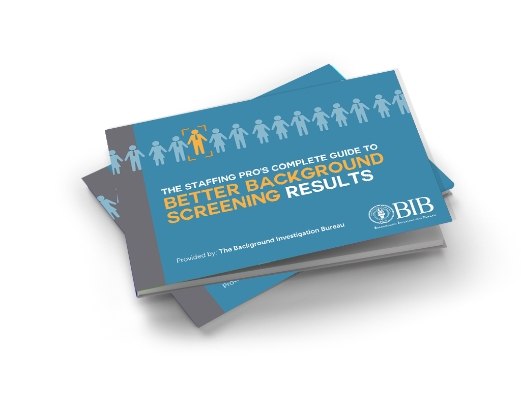 Animated rendering of the blue cover and yellow writing of the Better Background Screening eBook from BIB.